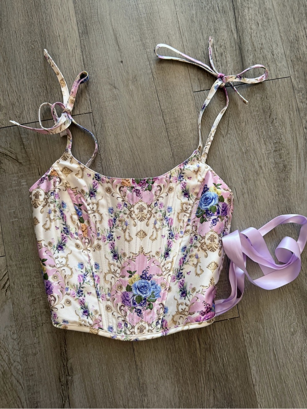 Sugar Thrillz Pink & Blue Floral Ribbon-Tie Corset Crop Top